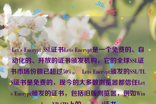 Let's Encrypt SSL证书Lets Encrypt是一个免费的、自动化的、开放的证书颁发机构，它的全球SSL证书市场份额已超过50%。  Lets Encrypt颁发的SSL/TLS证书是免费的，现今的大多数浏览器都信任Lets Encrypt颁发的证书，包括旧版浏览器，例如Windows XP SP3上的。app ssl证书