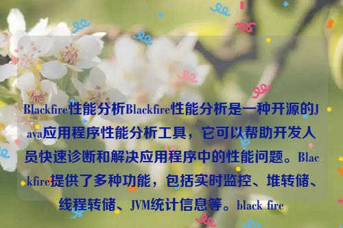 Blackfire性能分析Blackfire性能分析是一种开源的Java应用程序性能分析工具，它可以帮助开发人员快速诊断和解决应用程序中的性能问题。Blackfire提供了多种功能，包括实时监控、堆转储、线程转储、JVM统计信息等。black fire